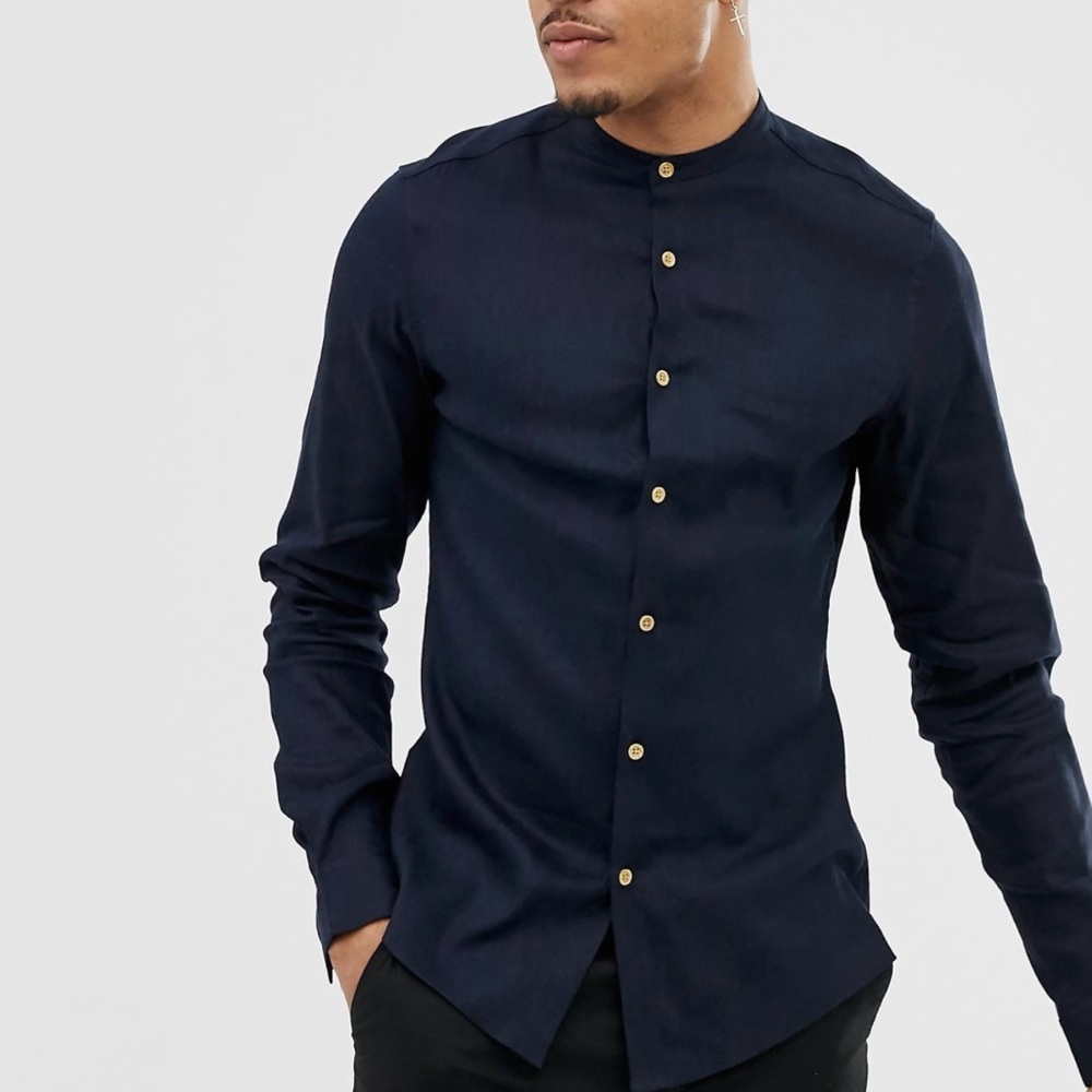 ASOS DESIGN Tall slim fit linen mix shirt with grandad collar in navy